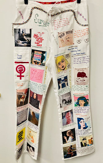 A pair of patchwork pants with images of women from advertising and popular culture, designed by student Samantha Gelerman