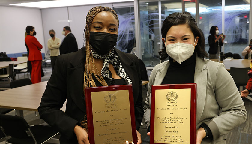 Oluwatumininu (Tumi) Akinyombo and Briana Ong hold their Creating the Dream awards, presented at the Jan. 31, 2022 ceremony.