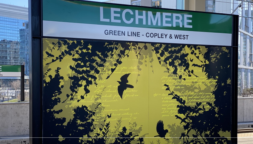 Signage on the Lechmere station platform features images of bird and plant silhouettes