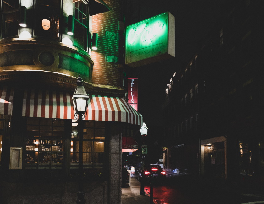 Neon lights at a North End restaurant at night