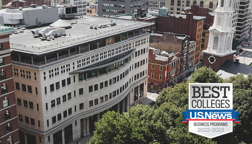 Aerial view of Sargent Hall and the Granary Burial Ground, with the Best Colleges logo from US News & World Report in the bottom right