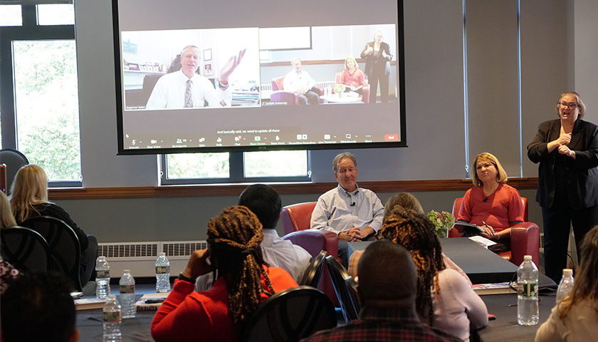 Gov. Charlie Baker and Steve Kadish speak to certificate students on their first day of class