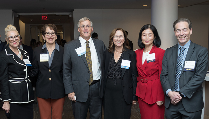 Trustee Vice Chair Amy Nechtem, University President Marisa Kelly, Trustee Chair Robert C. Lamb, Jr., Stacy Mills, Sawyer Business School Dean Amy Zeng, and Suffolk Law Dean Andrew Perlman.