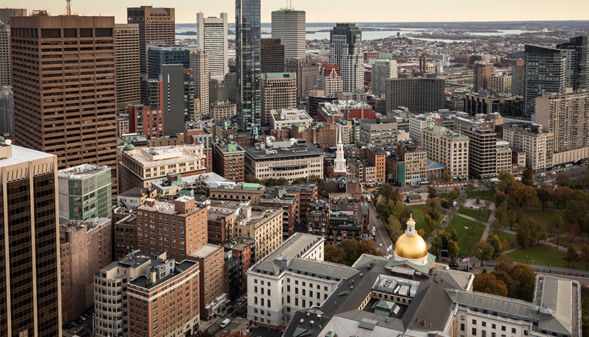 Aerial view of the Mass. State House and Suffolk campus