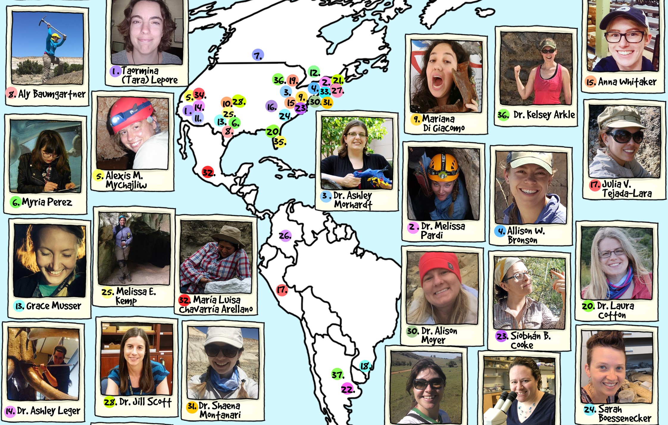 A map of North and South America is dotted with faces of young paleontologists