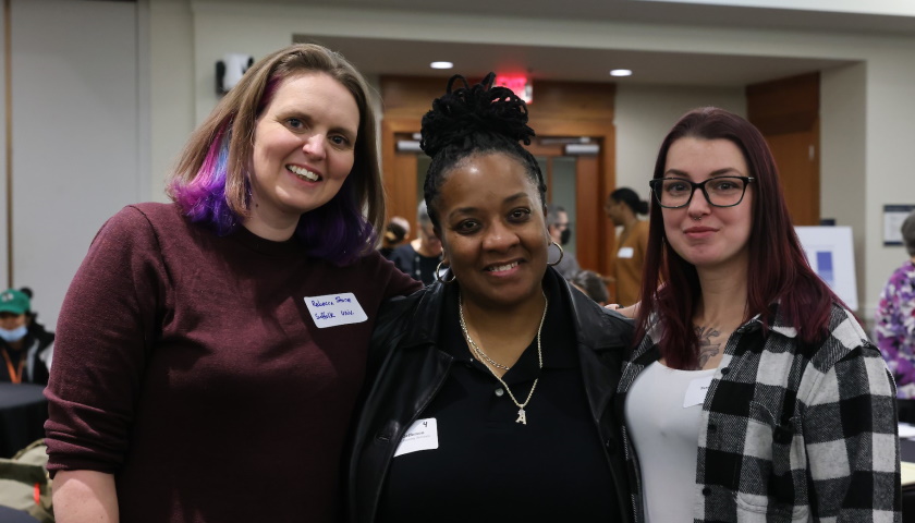 Professor Rebecca Stone poses with Angelia Jefferson and Terri-Anne Henry