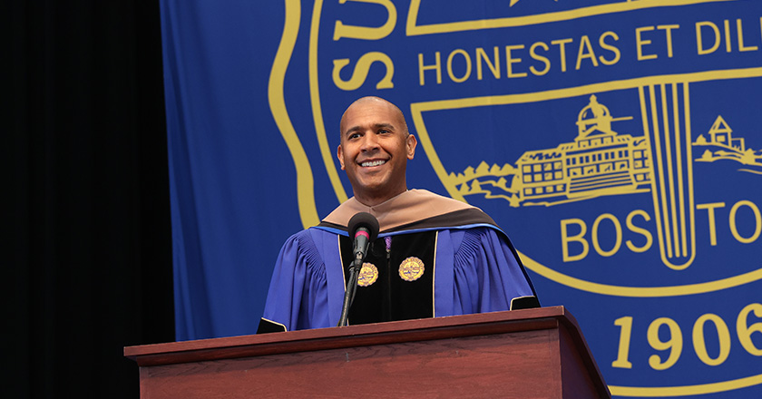 Abraham Ceesay, the 2023 Sawyer Business School Commencement speaker addresses the crowd