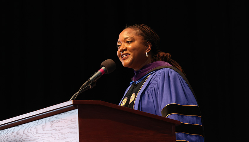 Janai Nelson speaks to graduates at the 2023 Suffolk Law School Commencement
