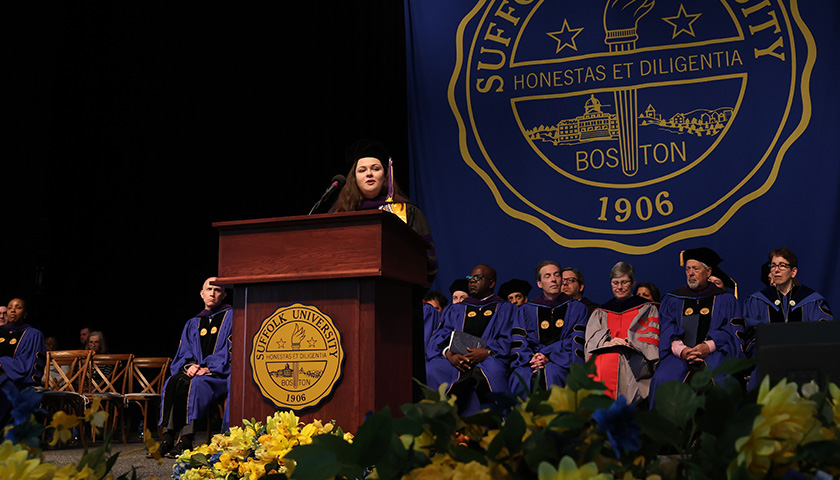 Rachel Record addresses her fellow graduates at the 2023 Suffolk Law School Commencement