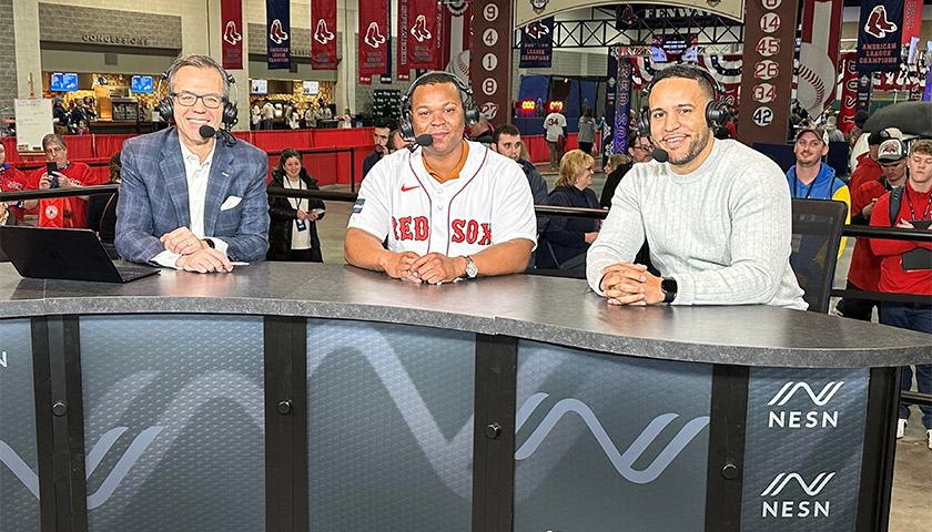 Daveson Perez (right) along with Tom Caron of NESN (far left) and Red Sox star third baseman Rafael Devers 