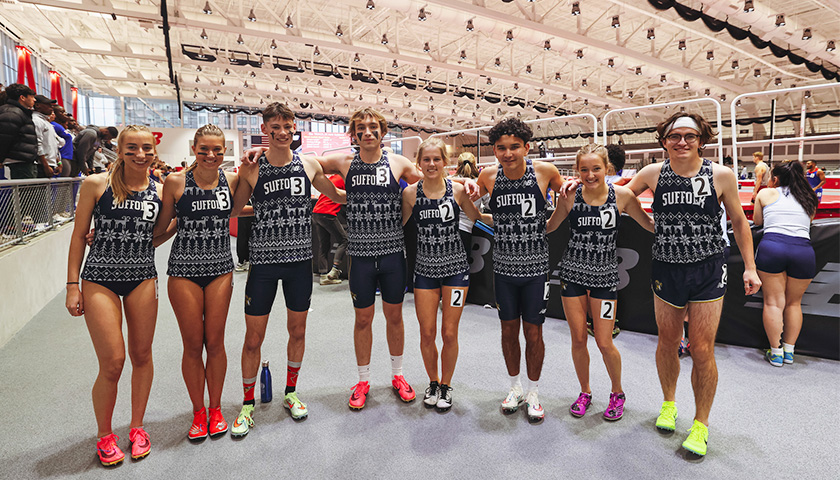 Suffolk’s first indoor track meet at the New Balance facility, the Ice Breaker Invitational, attracted 500 athletes from 12 different colleges, including Ram runners Amy Pattelena, Jocelyn Triscik, Tim Barry, Nico Miele, Kaylie Groom, Jadan Wenceslao, Shannon Groom, and Sean Jacobsen
