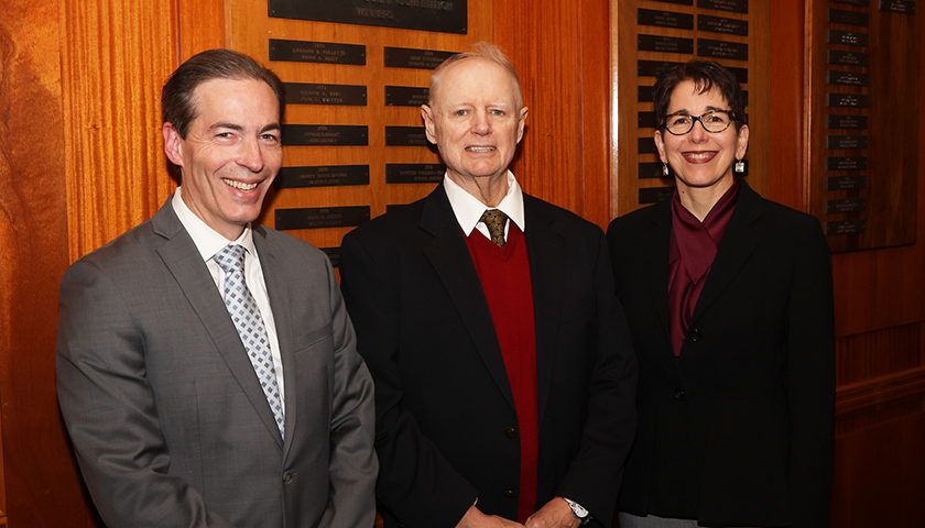 Dean Perlman, Richard Voke, and President Kelly in Suffolk moot court 