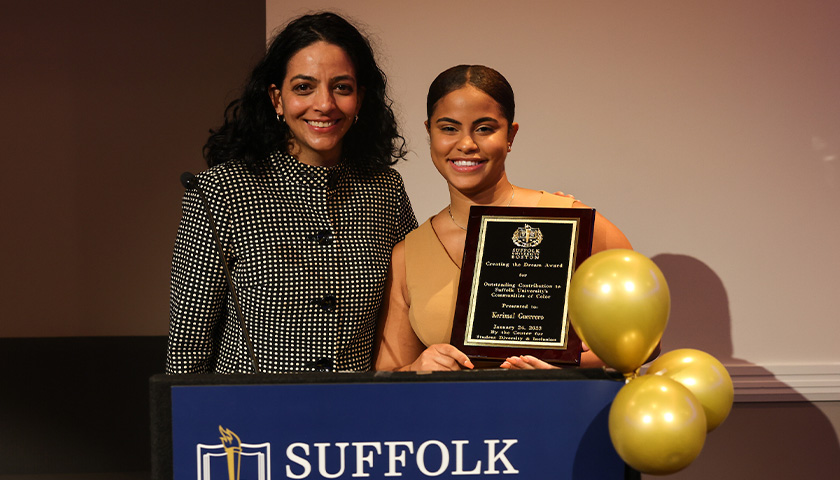 Suffolk Law Professor Sharmila Murthy congratulates law student Kerimal Guerrero on winning her Creating the Dream Award