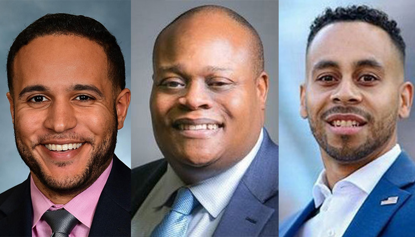A triptych photo showing Black Men in Leadership panelists and Suffolk alumni Daveson Perez, Anthony Ross, and Anthony Richards