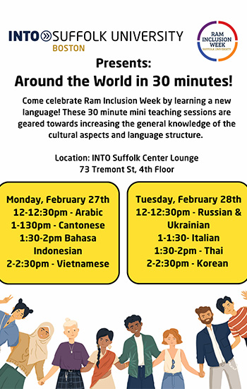 A colorful poster advertising 30-minute language lessons in Arabic, Cantonese, Bahasa Indonesian, Vietnamese, and other languages on Feb. 27-28 as part of Ram Inclusion Week