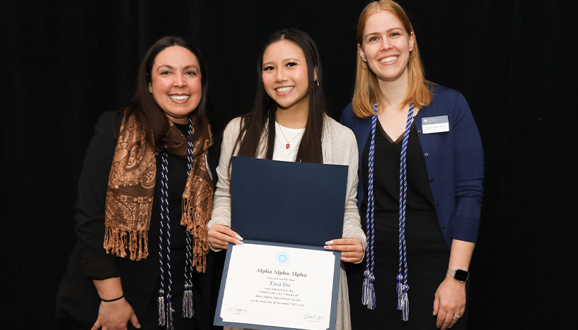 Lisa Rivera, director of first-gen student initiatives, student Tina Do, Professor Kelsey Stocker