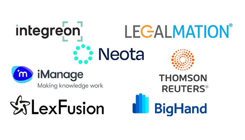 A collage of the logos of Design Challenge sponsors Integreon, LEGALMATION, Neota, iManage, Thompson Reuters, Lex Fusion, and BigHand.