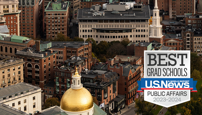Aerial image of the State House and Sargent Hall with the US News "Best Grad Schools/Public Affairs" badge