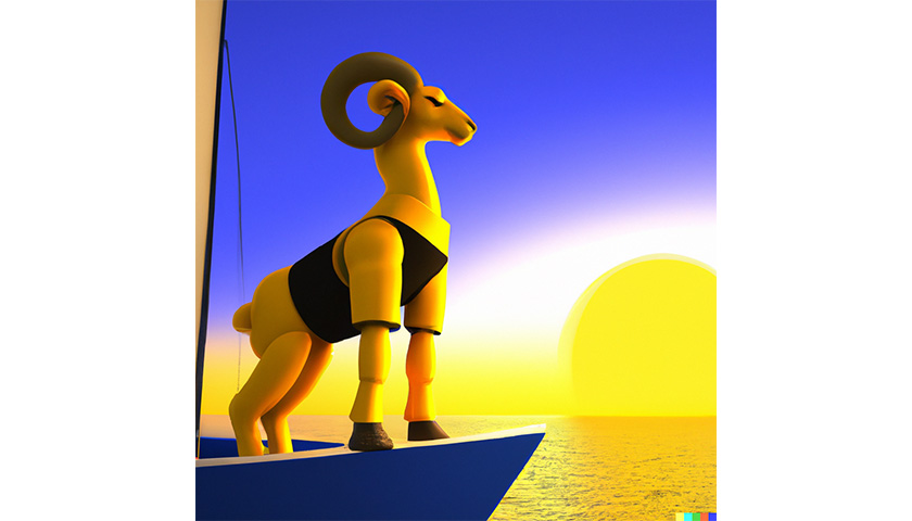 AI generated image of a ram sailing into the sunset