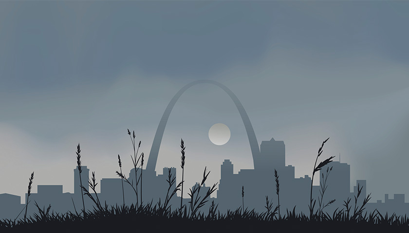 Illustration of the St. Louis arch and skyline off in the cloudy distance