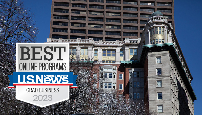 Image of Stahl Building in the winter sun with the US News Best Online Programs 2023 badge