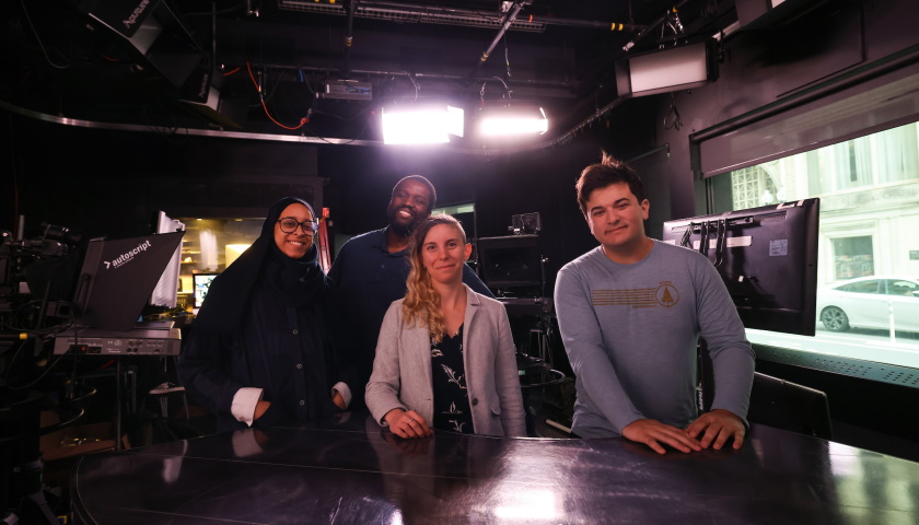 The ‘Science on the Street’ team in the studio: Chaimaa Hossaini, BS ’23, Studio 73 Assistant Manager Patrick Lys, Biology Professor Eugenia Gold, and Kostas Winslow, Class of 2026.