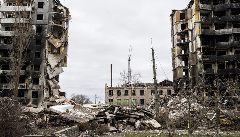 Bombed out building in Ukraine, outside Kyiv.