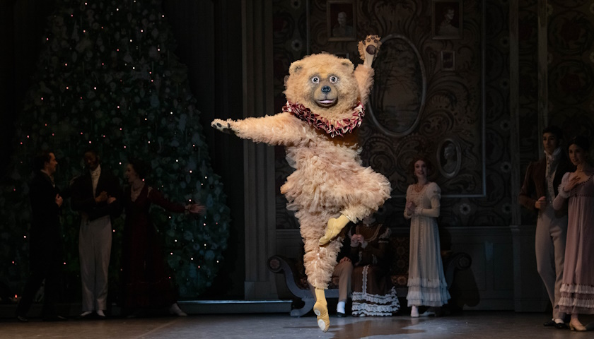 Scene from the stage of The Nutcracker ballet shows a dancer costumed as a bear dancing