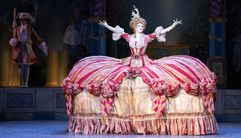 During The Nutcracker, the character of Mother Ginger appears on stage with an oversized, wide skirt