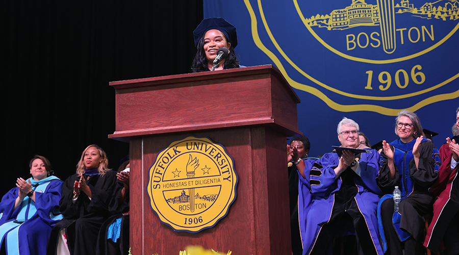 Graduate student speaker Alexandria Onuoha at the podium at Commencement 2025