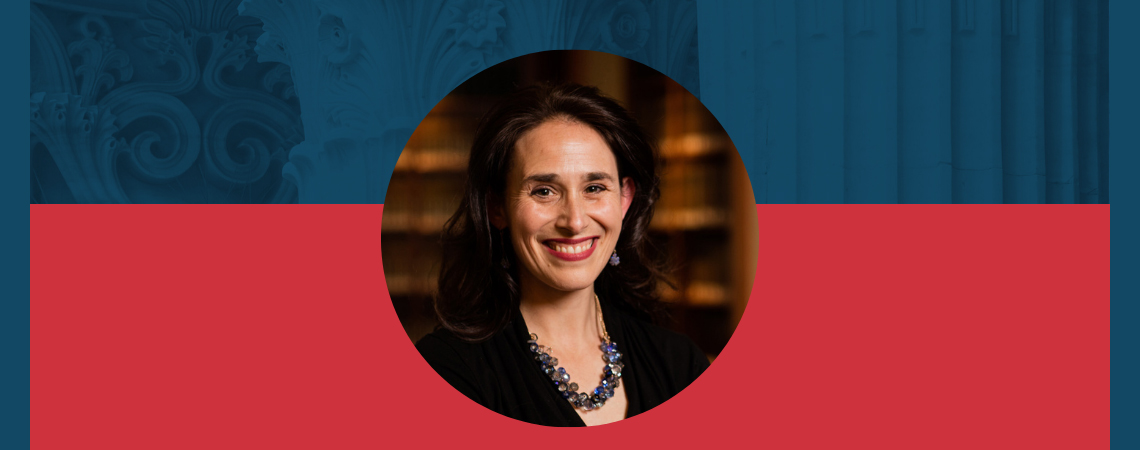 red and blue graphic surrounds a headshot of Rachael Cobb