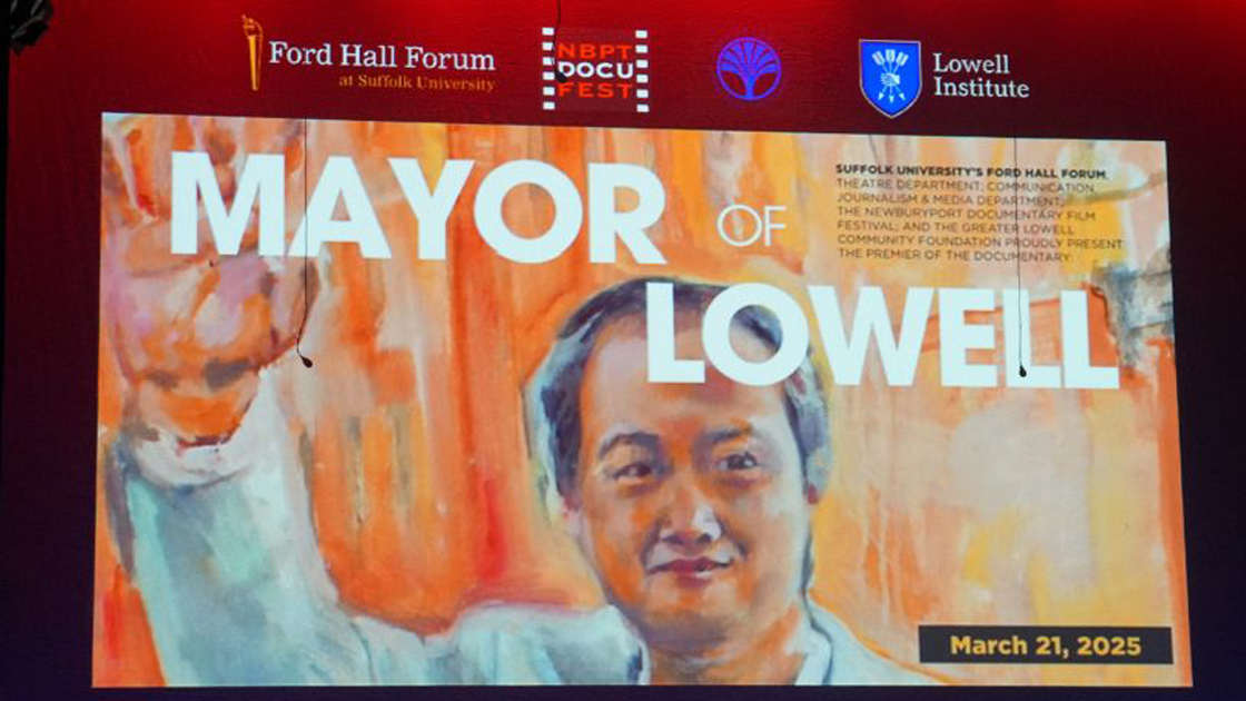 Text reads: "Mayor of Lowell" on top of a painting of the documentary's subject