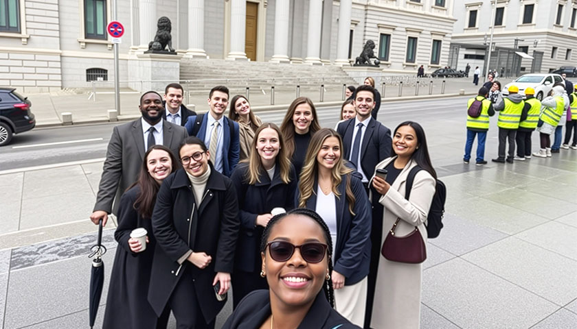 Madrid program students take a selfie in front of Spain's Congress of Deputies 