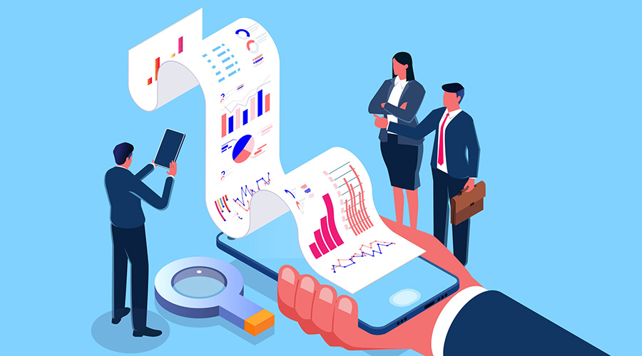 Illustration of people with calculators and mobiles analyzing financial information on a long receipt. Blue background