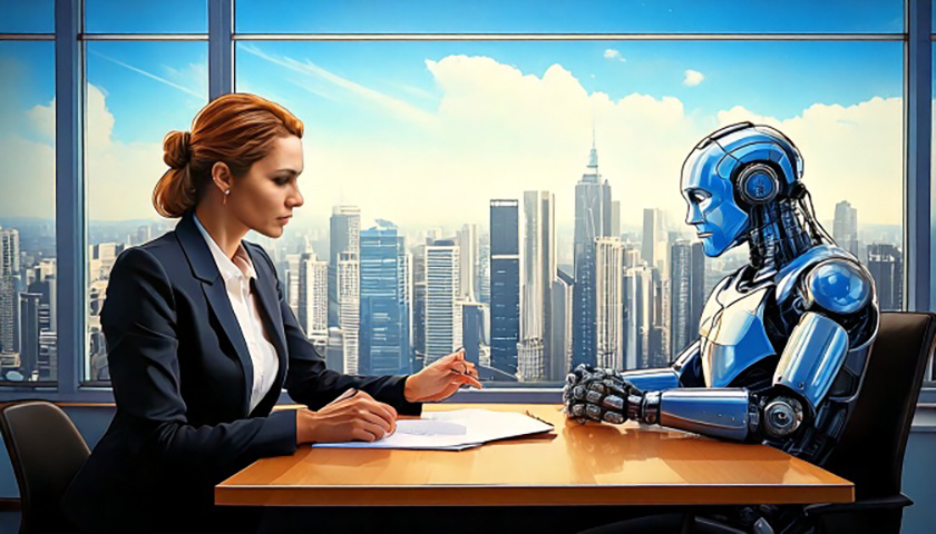 Woman negotiates with robot across table