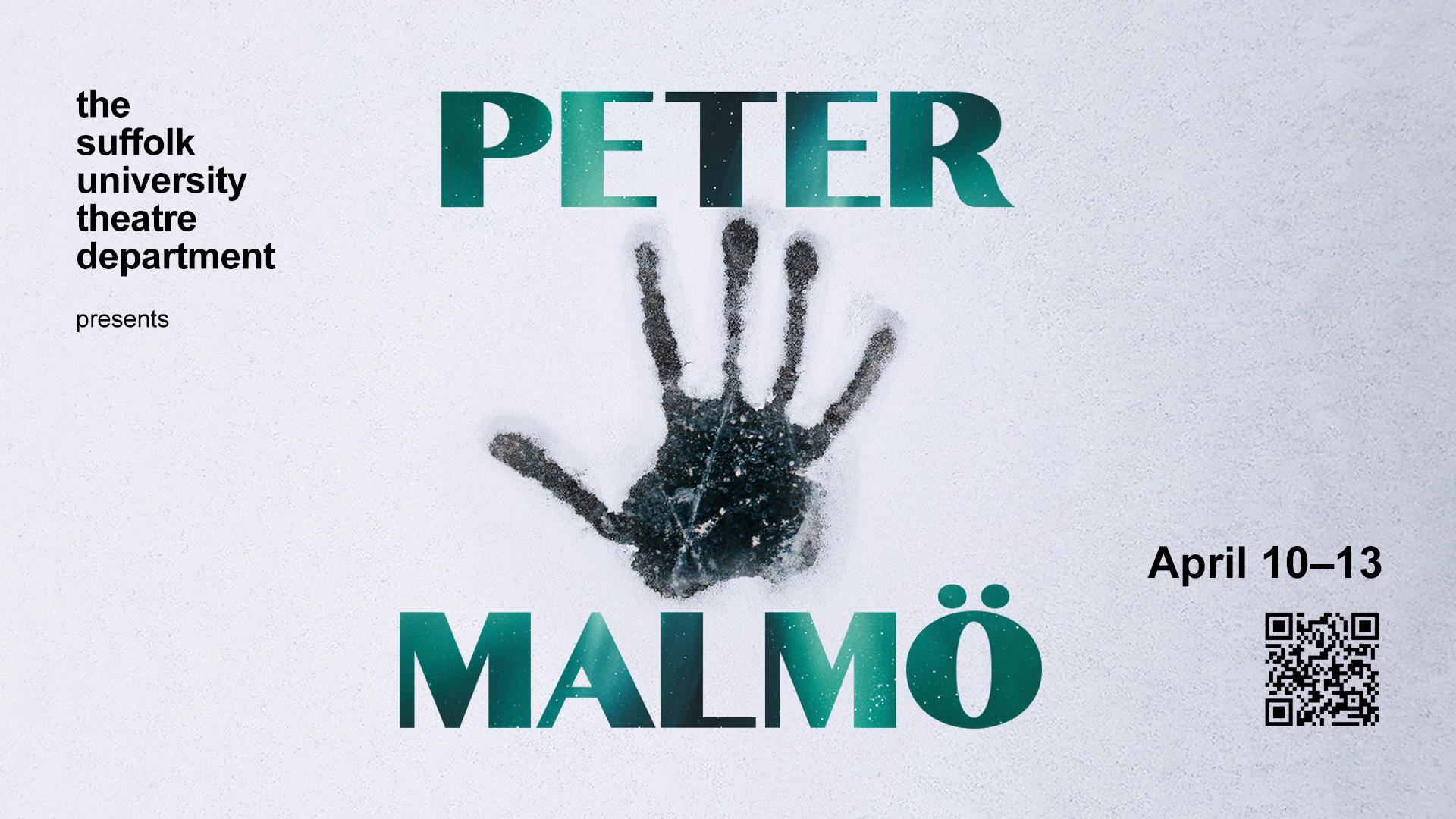 Text reads "Peter Malmo" with a black handprint through snow
