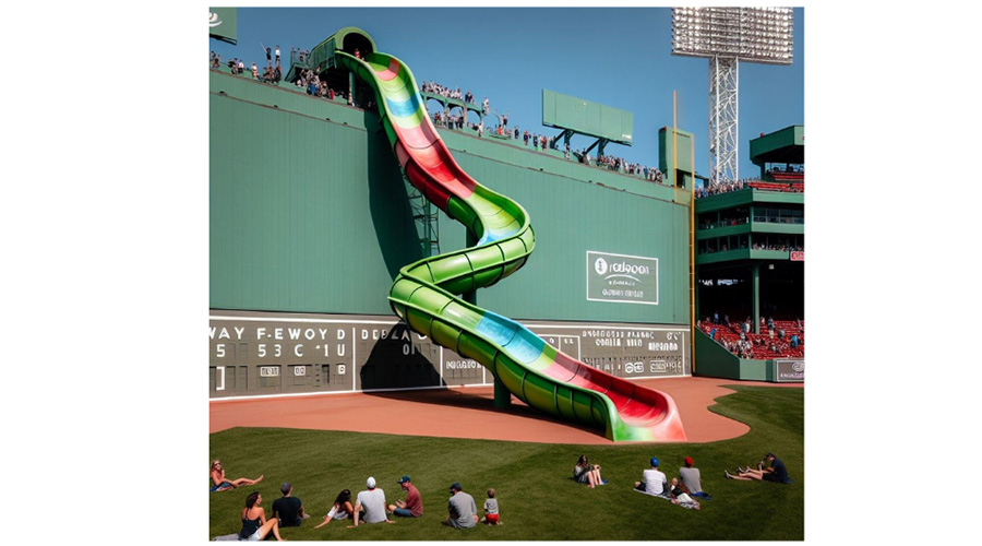 AI image of a giant slide coming off the top of Fenway Park's Green Monster into left field