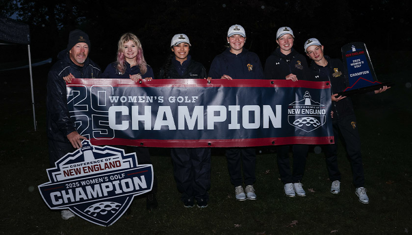 Members of the 2025 Womens Golf Team and Coach Jay Parker hold the CNE Championship banner