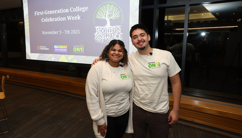 Victor Castro Cruz and another student leader prepare to lead the kickoff session of First-Gen Week 2025