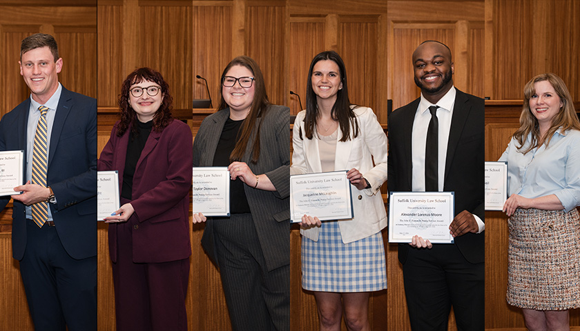 "John 'Jack' Brandt, Bailey Cortright, Madison Taylor Donovan, Jacqueline McLaughlin, Alexander Moore, and Samantha O'Neil, Suffolk University Law School's John E. Fenton, Jr. Public Service Award winners