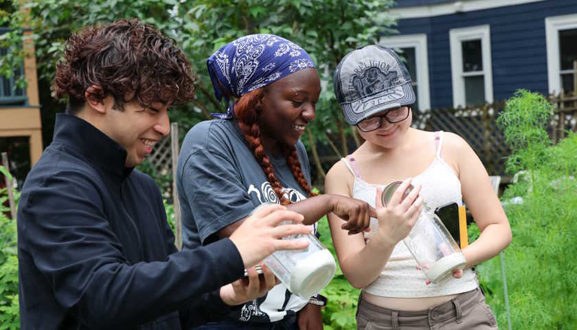 Manuel Navas, Farida Mintouba, and Jenny Tran stand together in an urban garden inspecting their collection jars for bee specimens 