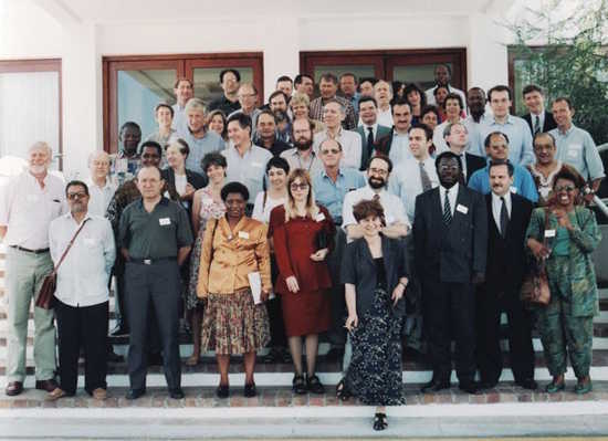Large group of people poses outdoors in Cape Town, South Africa in this 1994 photo