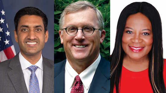Portraits of Suffolk University Commencement 2026 honorees: California Congressman Ro Khanna; Robert Lamb, chair of the Suffolk Board of Trustees; and Cheree McAlpine, JD ’94, chief legal officer at Zoom.