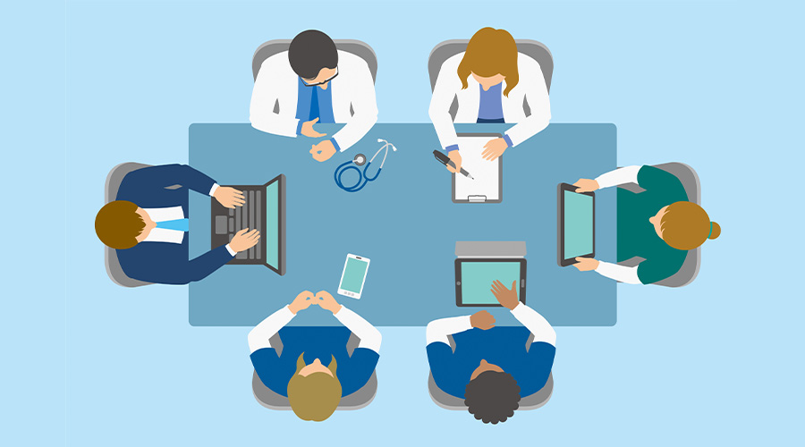 Illustration of doctors from above sitting around a table
