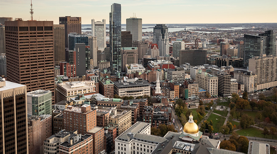 Aerial view from behind Mass. State House looking toward downtown