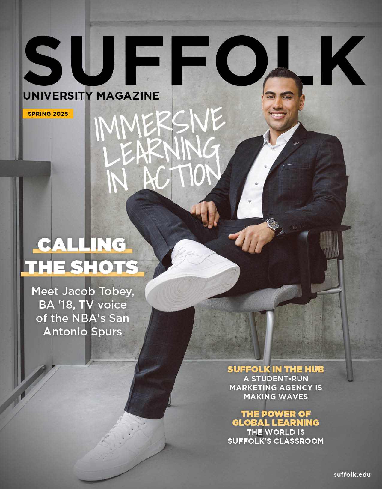 Cover of the Spring 2025 edition of the Suffolk University Alumni Magazine, featuring a portrait shot of Jacob Tobey