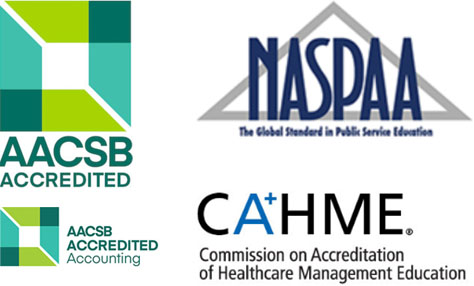 AACSB, NASPAA, and CAHME logos