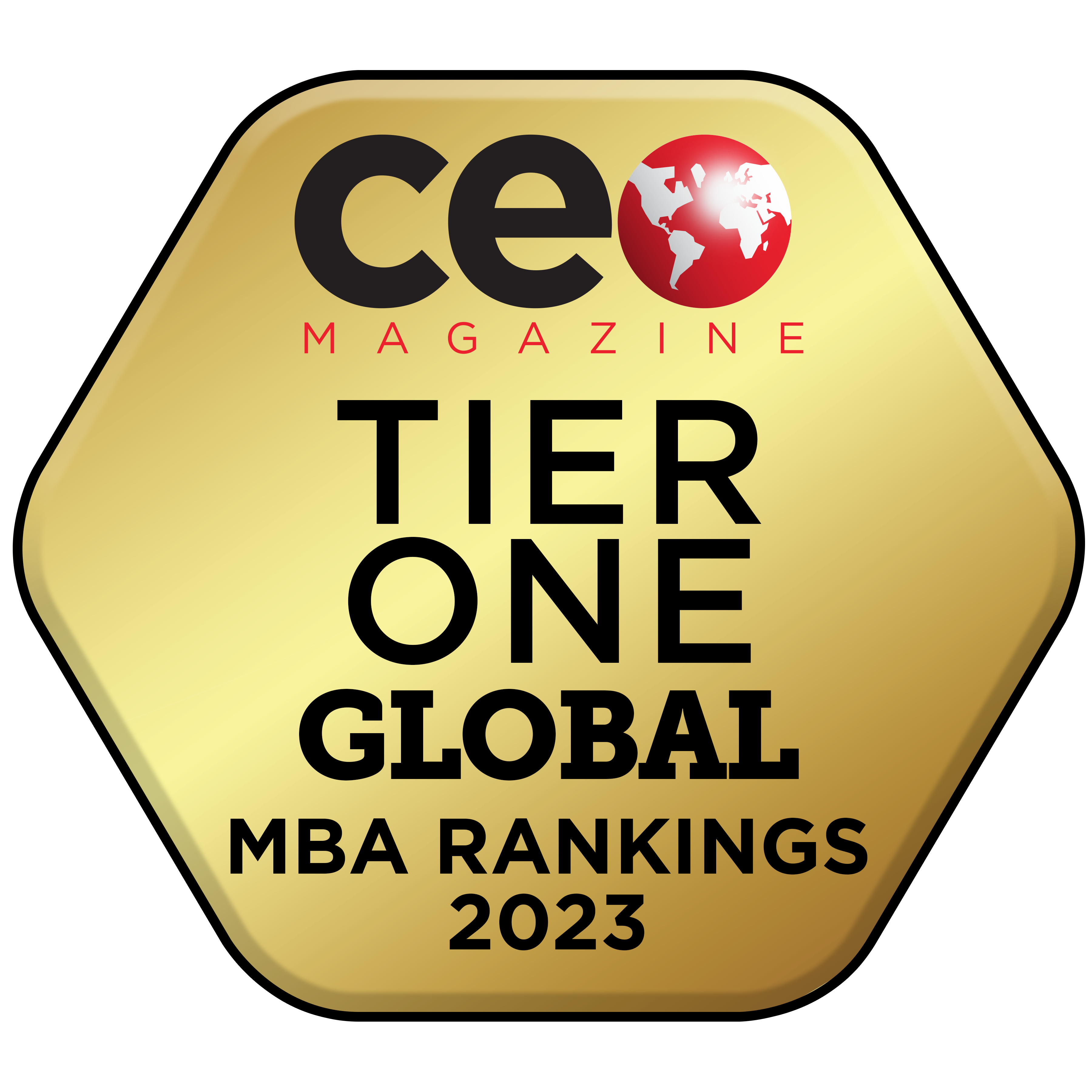 Logo for CEO Magazine awarding Suffolk University with Tier One Global status for their MBA program in 2023