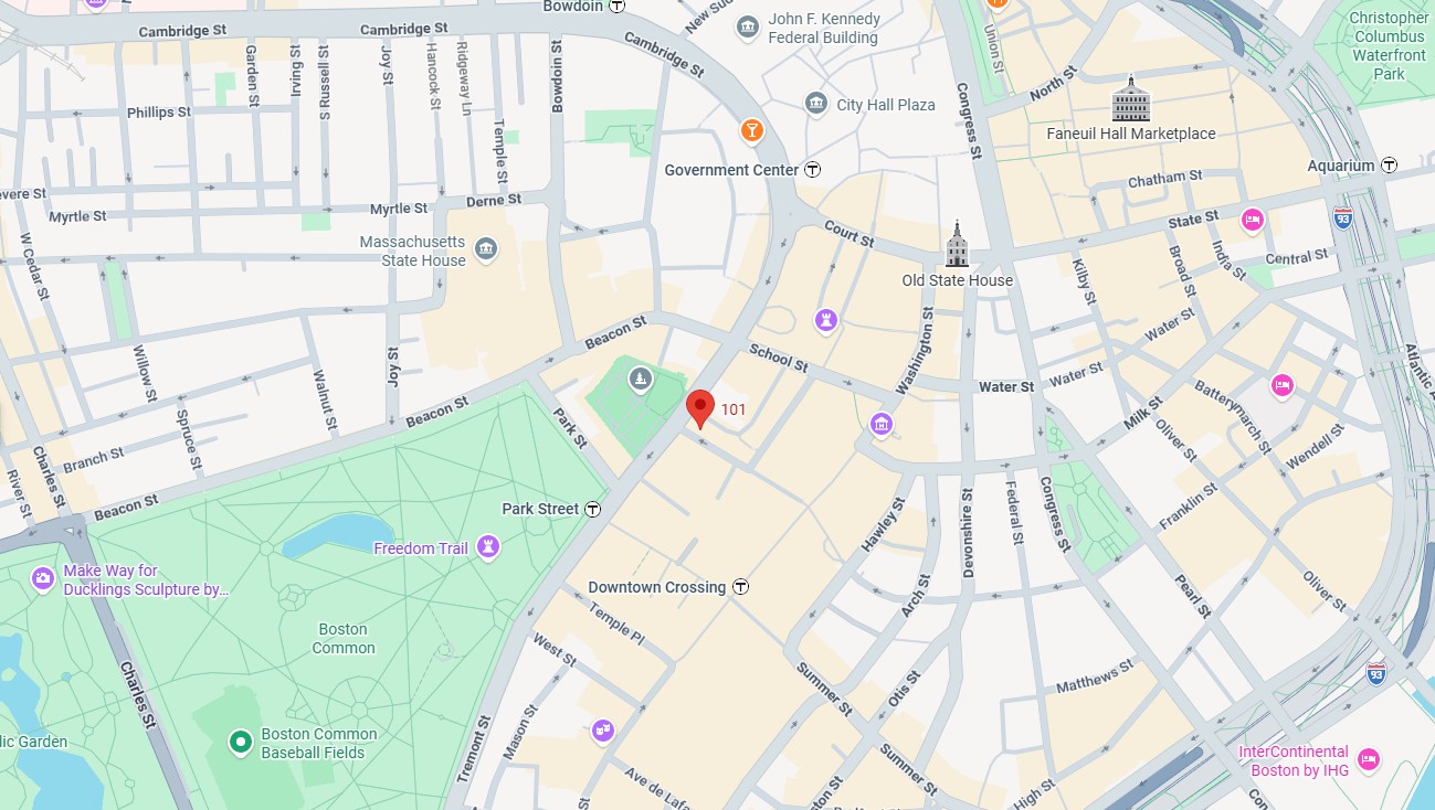 Map view with 101 Tremont Street pinned.