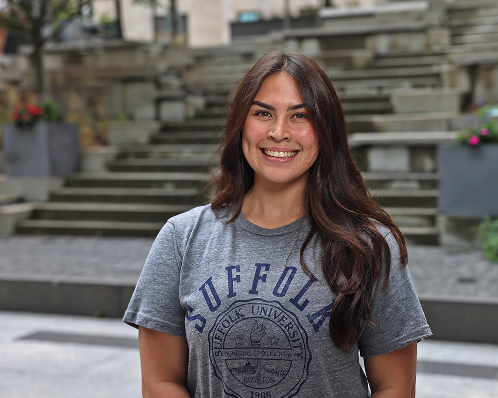 Photo of Ram Supporter standing in Roemer Plaza on campus at Suffolk University.